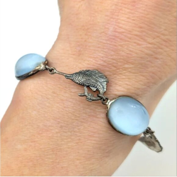 Stunning Vintage Sterling Silver & Blue Moonstone Swordfish Link Bracelet - Picture 2 of 5